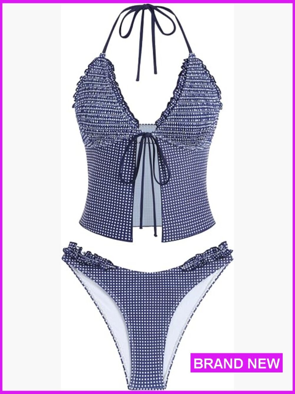 Tankini Swimsuit Set with Ruffled Tie Front High Cut Cheeky Bottoms Adjustable